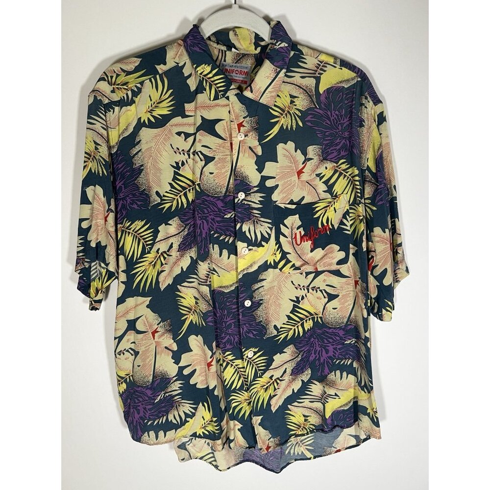 Vintage 80s UNIFORM blue yellow Hawaiian retro tropical shirt M embroidered logo